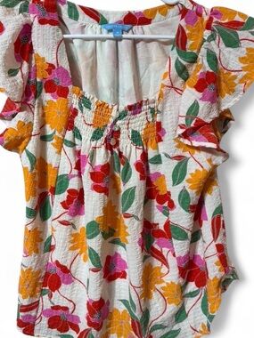 Draper James White Floral Smocked Top with Pink, Yellow, Red & Green Accents